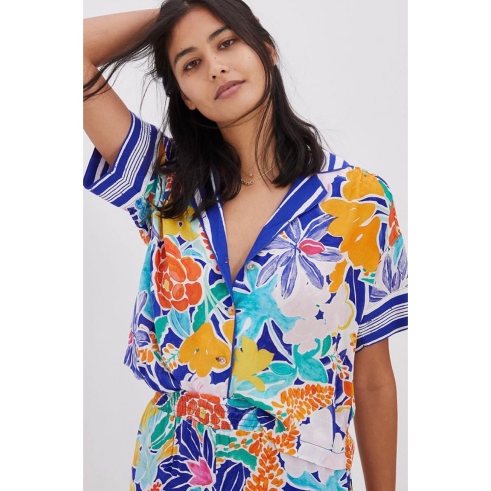 Anthropologie Sisters Gulassa Whimsy Blue Motif Floral Button Down Shirt Top XS
